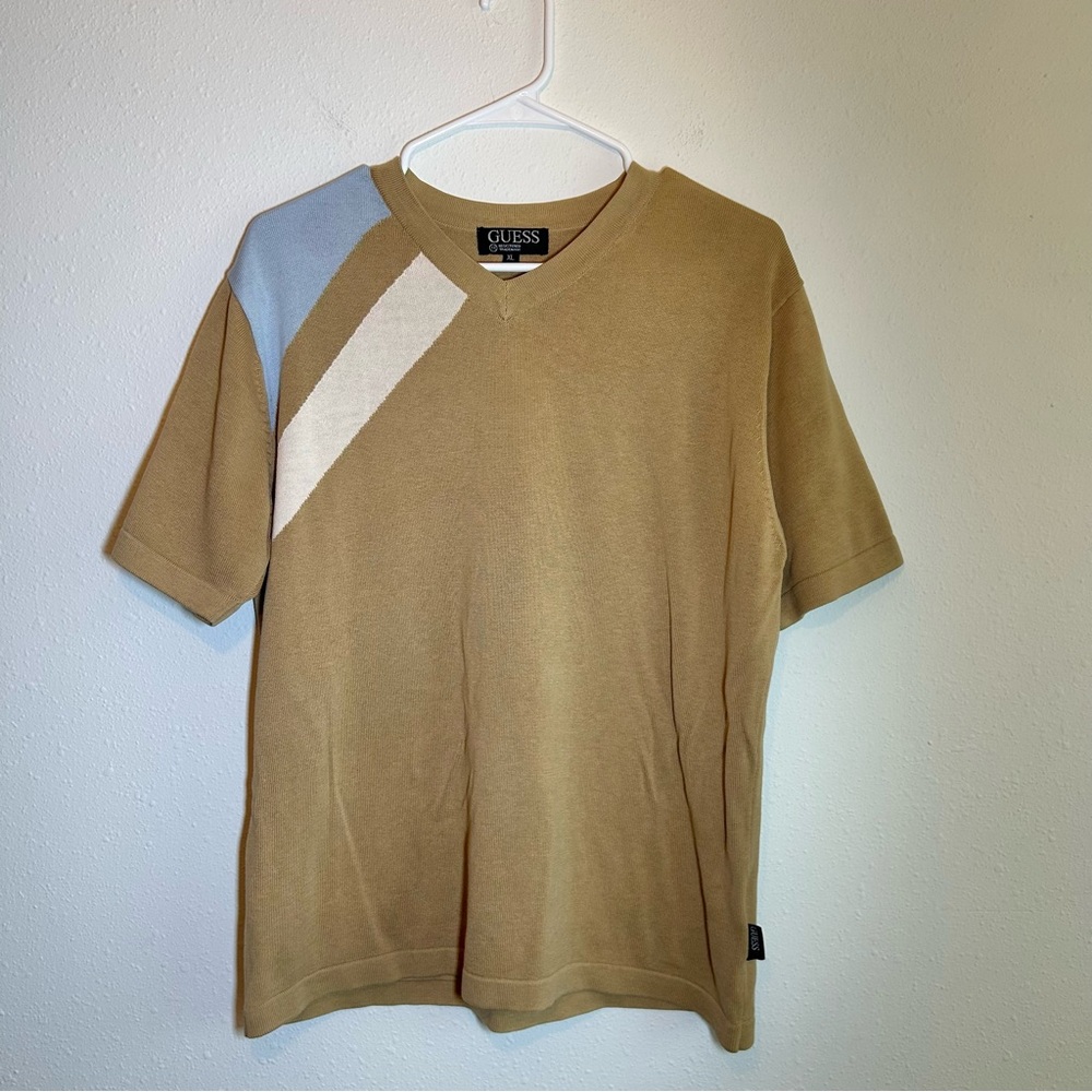 Vtg Y2K Guess Men’s Sweater Sz XL Short Sleeve Tan Blue Colorblock Retro Preppy